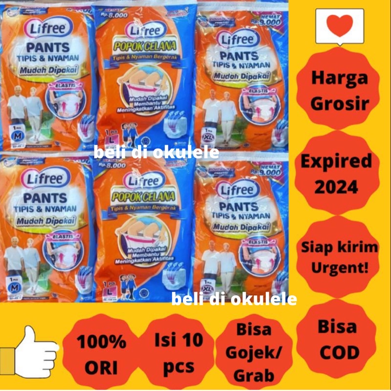 (isi 10) Lifree Popok Celana Dewasa size M,L,XL Sachet Satuan Pempers Pempes