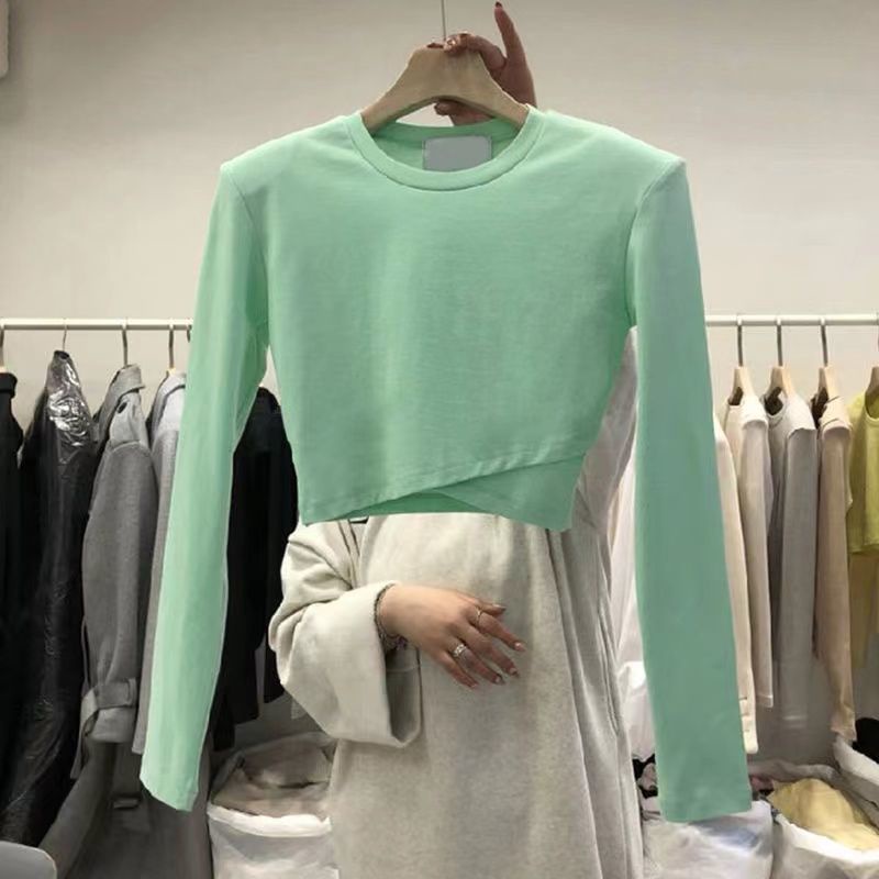 Suhao 2022 Musim Semi Desain Baru Kecil Tidak Beraturan Pendek Atasan Wanita Katun Putih Lengan Panjang Kaos Bawahan