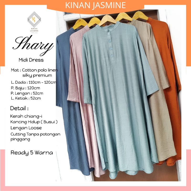 MIDI DRESS KATUN Gamis Mini Shary Polo Cotton Linen Silky Premi Original Kinan Jasmine Size L XL Dew