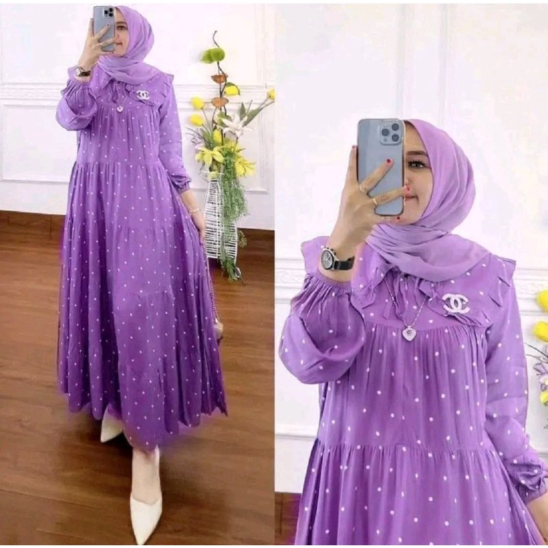 MIDI DRESS POLKA JUMBO RAYON FREE BROSS OUTFIT WANITA KONDANGAN KEKINIAN LD 120