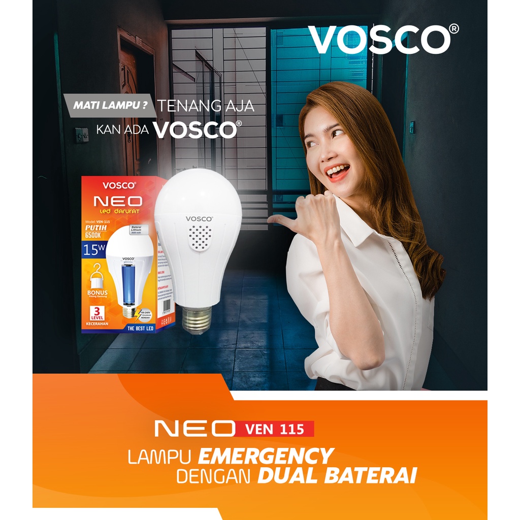 [COD] PROMO LAMPU LED EMERGENCY MURAH AC / DC MERK VOSCO 15 WATT 3 MODE TAHAN HINGGA 8 JAM! BONUS FITTING GANTUNG ON - OFF DAN BISA DI GANTI BATERAINY FREE ONGKIR