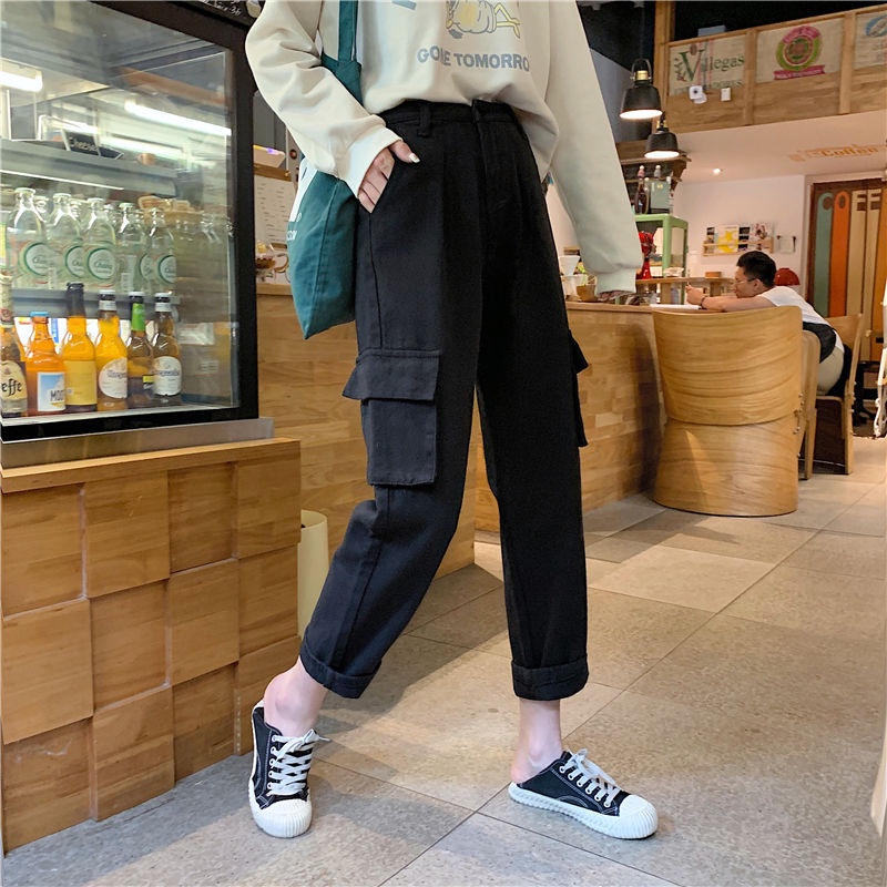 Import Highwaist Loose Boyfriend Cargo Jeans / Cargo Jeans Krem / Hitam