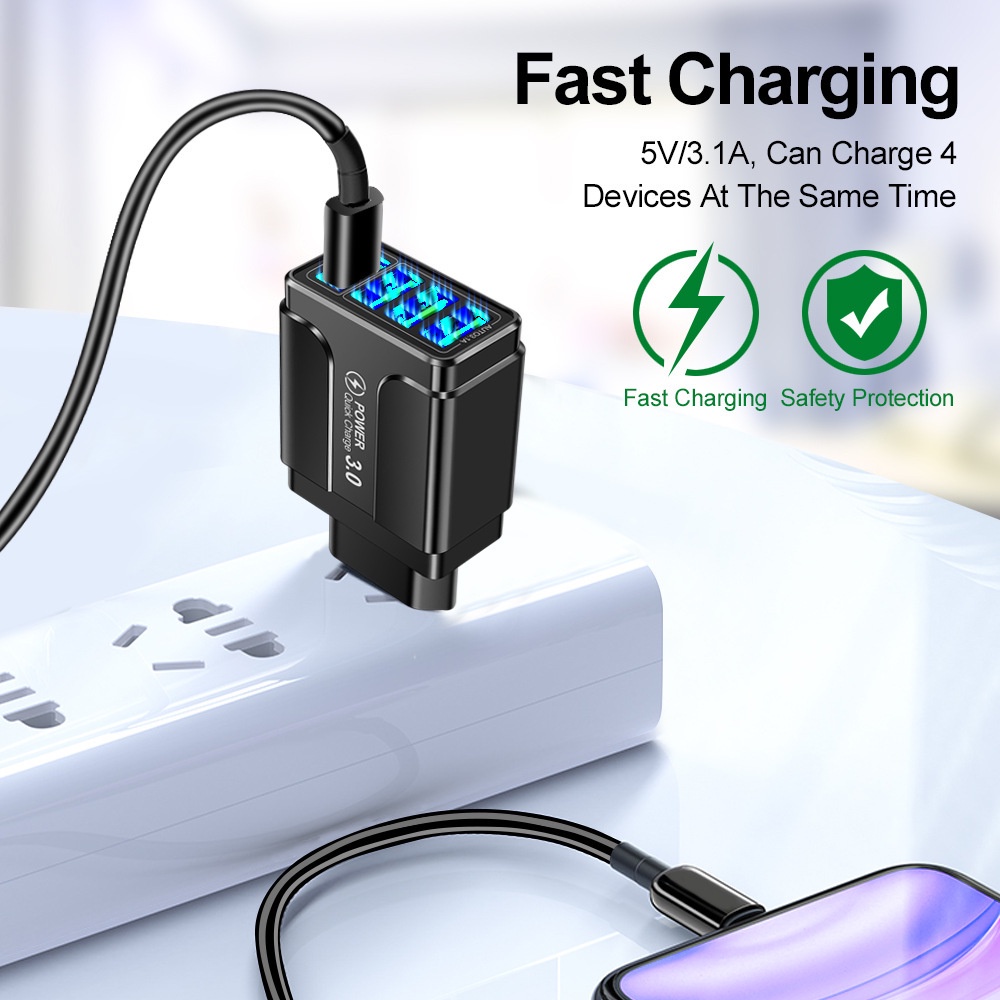 Adapter Charger Dinding 4 Port USB QC 3.0 Fast Charging Untuk Iphone 13 14 Tipe C Android