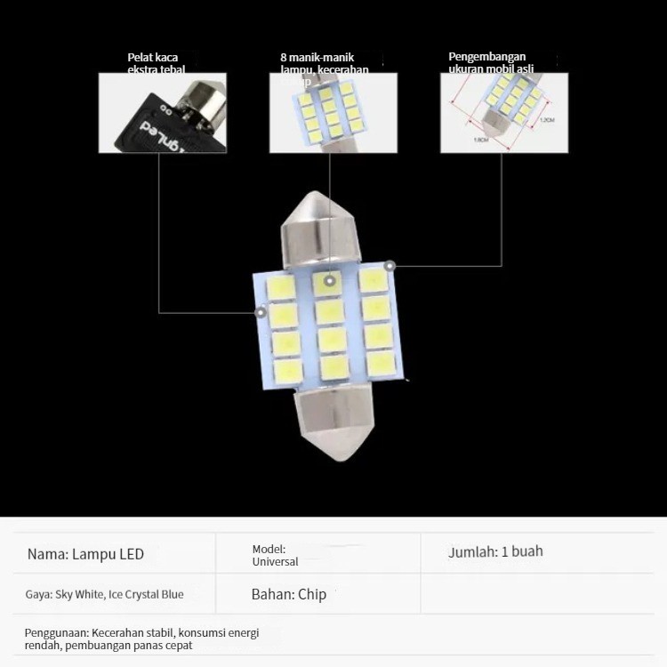 (Stok, Dikirim dari Jakarta) Lampu Baca Mobil Super Terang Lampu Kotak Ekor Mobil Steker Kecil T10 Double-Pointed Light LED Bohlam Lampu Langit-langit