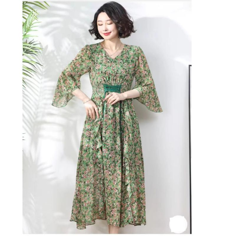 MDLV ~ 12512# Brisbelina Drawstring Maxi Green Dress Premium Import