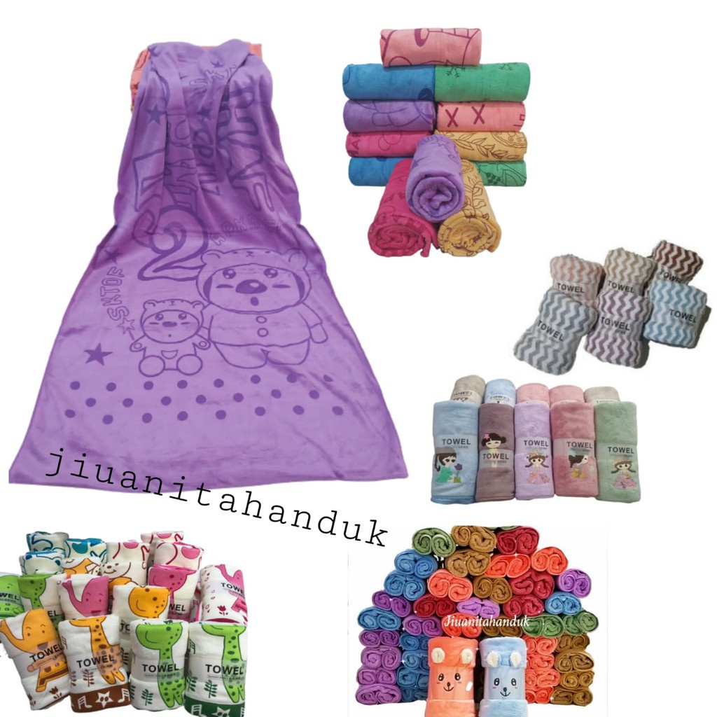 JH Handuk Mandi Bayi Lembut / Handuk Mandi Anak Kuping Timbul / Handuk Mandi Microfiber Tanggung (Bordir Mata, Joylife, Lectonia) Uk 50 x 100 Termurah