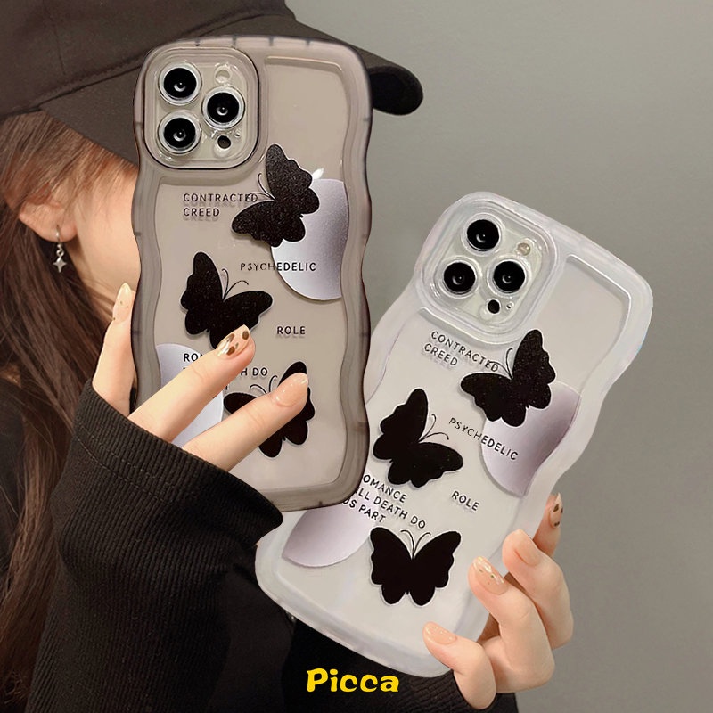 Fashion Art Black Butterfly Case Untuk Samsung A04s A14 A12 A50 A32 A53 A23 A13 A22 A52 A03s A52s A33 A50s A02s A21s A30s A20 A51 A03 A11 M22 M12 A31 M32 F22 Wavy Edge Soft Cover