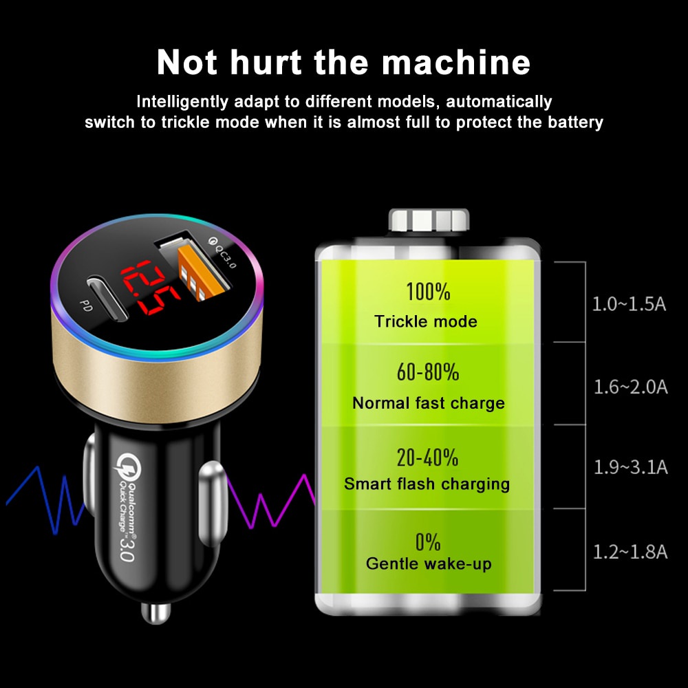 TRIPLEDI Car Charger HP QC 3.0 3.1A 2 Port USB Type C iPhone PD Fast Charging Mobil Samsung 38W Max LED Digital Display Pengisi Daya Mobil iPad Handphone Cas Adapter Ponsel IOS Casan Tablet Android-4