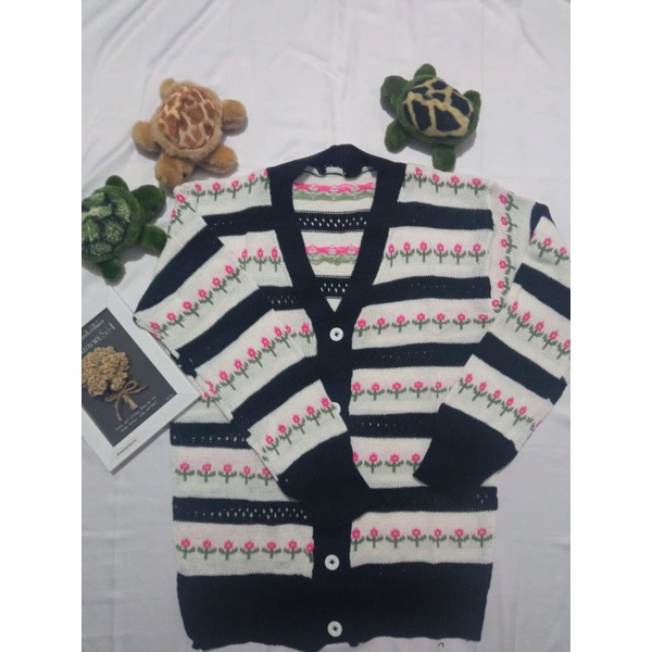 CARDIGAN RAJUT FLOWER'S BUTTON WANITA / CARDY MOTIP BUNGA / CARDY TERBARU