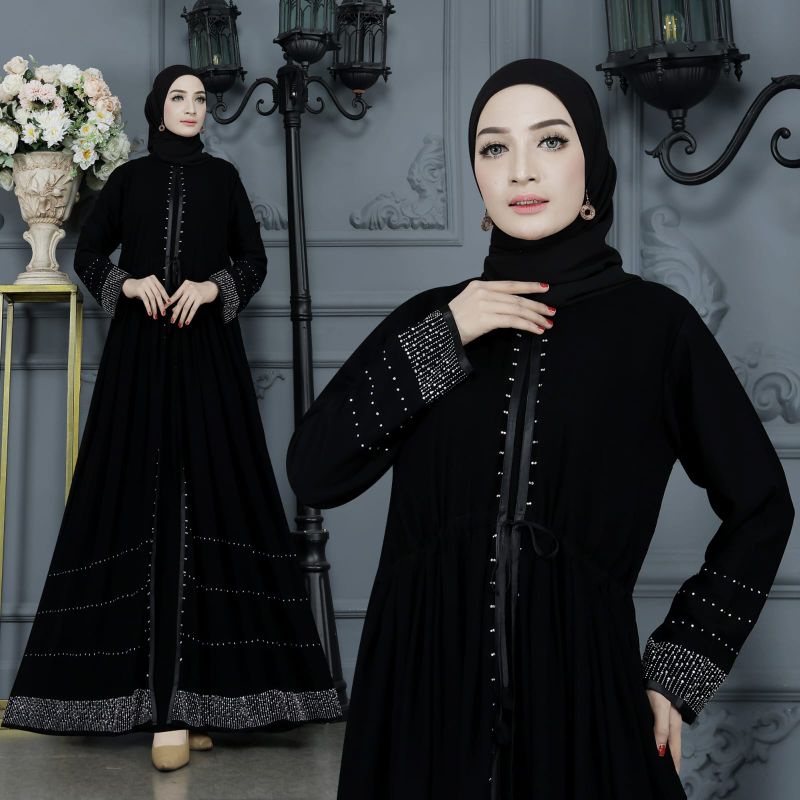 Banat Abaya Exclusive Gamis Arab Saudi Hitam Bordir Turki Umroh Turkey Haura silver Swarosvky