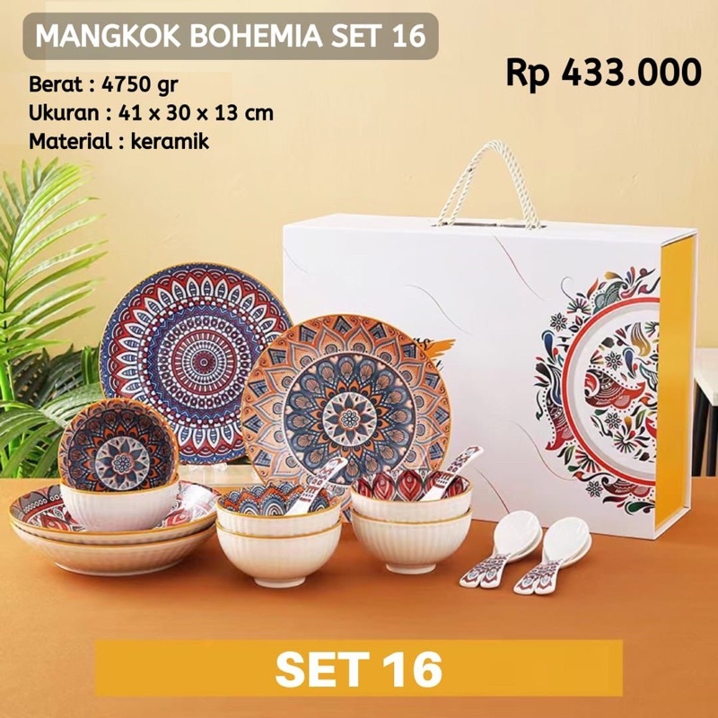 mangkok corak bohemia set 16 / mangkok + piring + sendok