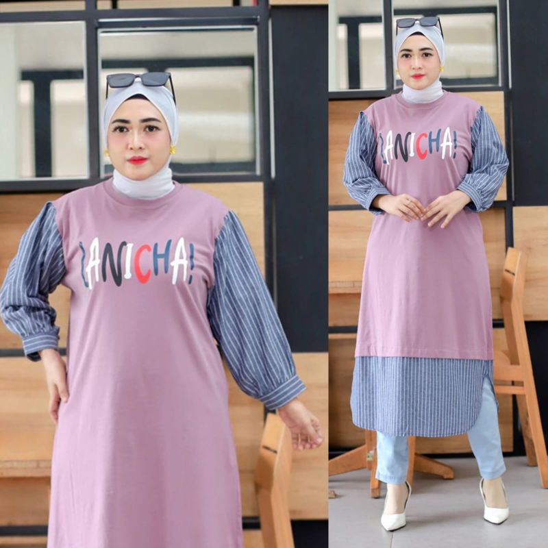 LONG TUNIK LANICHA / TUNIK KAOS KOMBINASI KATUN / MIDI DRESS WANITA  MUSLIM / KAOS KOMBINASI WANITA 