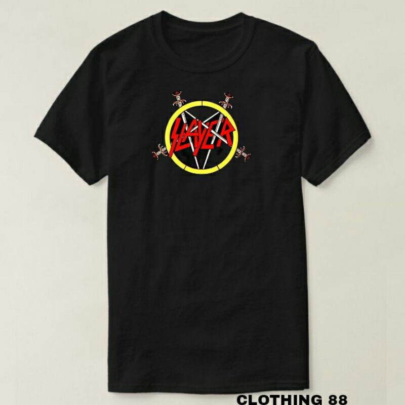 Slayer - Kaos Slayer Logo Perisai Text - kaos Katun Balck Tees