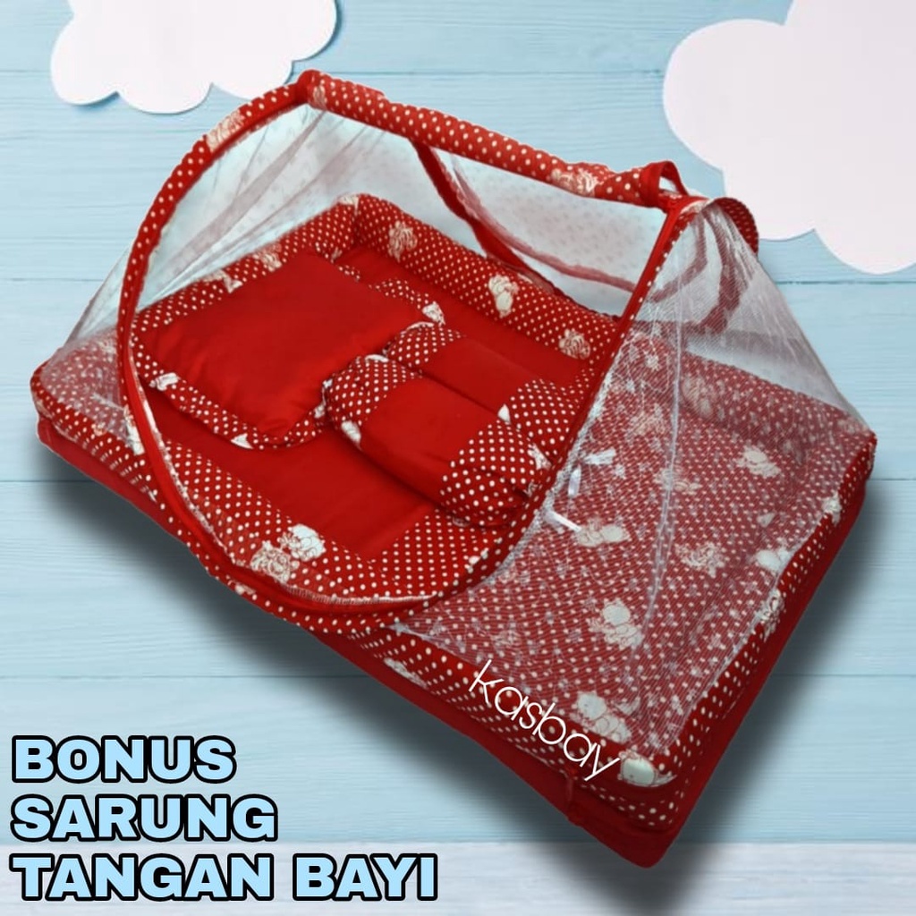 Kasur Bayi Kelambu c + Bonus Sarung Tangan Bayi Set Lengkap Bantal Guling Tas Mika Terbaru