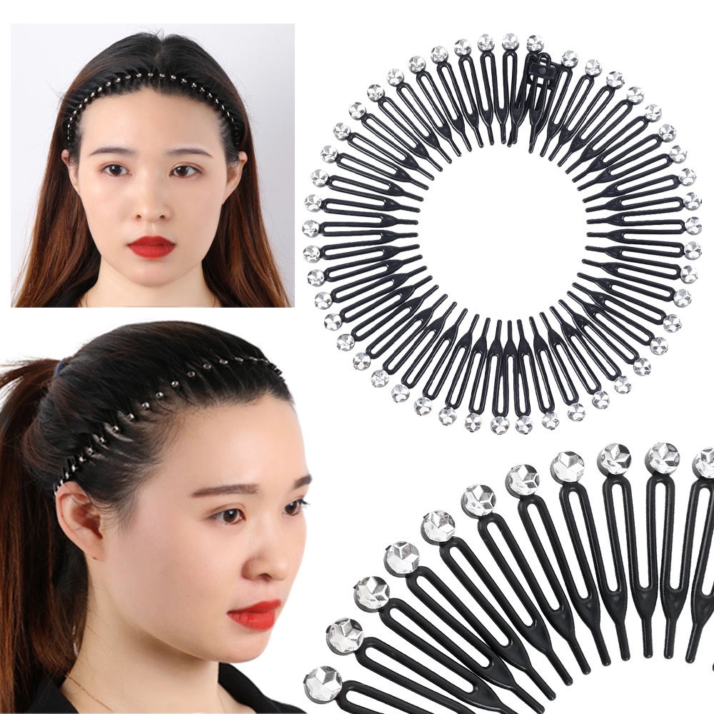 Headband Sisir Rambut Elastis Bahan Plastik Non slip Dapat Dilipat Aksen Berlian Imitasi Untuk Cuci Muka Flexible