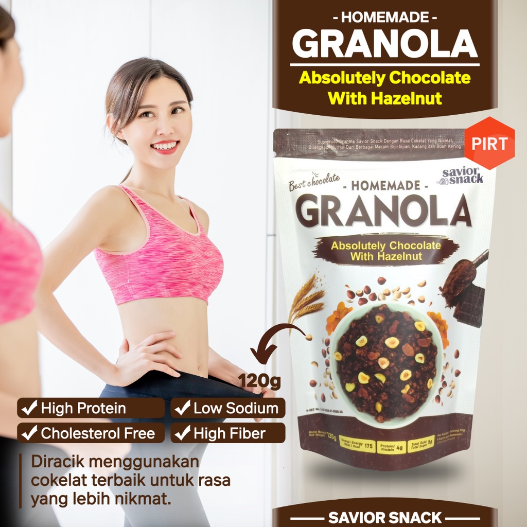 Cemilan Sehat Untuk Diet GRANOLA CRUNCHY ABSOLUTELY CHOCOLATE WITH HAZELNUT Makanan Diet Rendah Kalori SAVIOR SNACK Sereal Sehat, Sarapan Praktis, Makanan Pengganti Enak Bergizi Tinggi Nutrisi