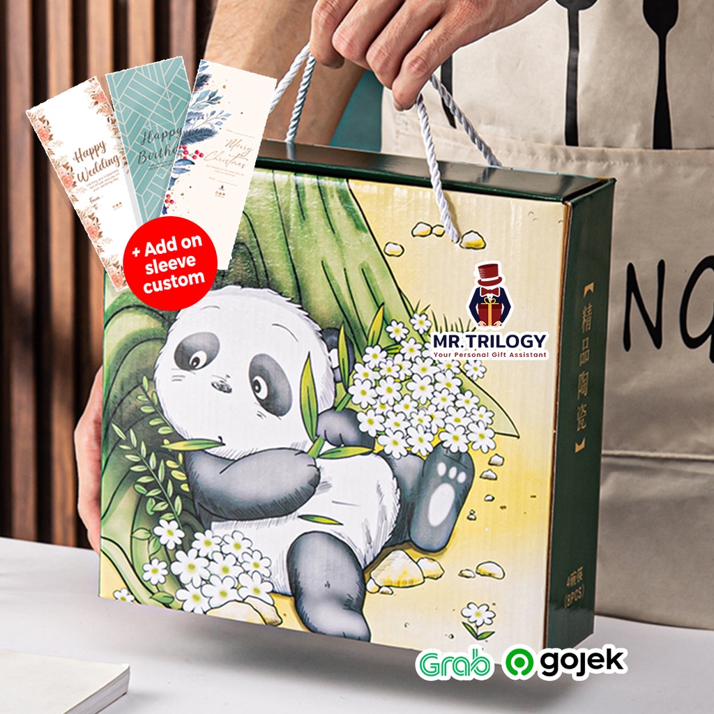 Hampers Mangkok Keramik Panda Hijau Jepang Gift Set Sumpit Estetik Hadiah Souvenir Pernikahan Bambu