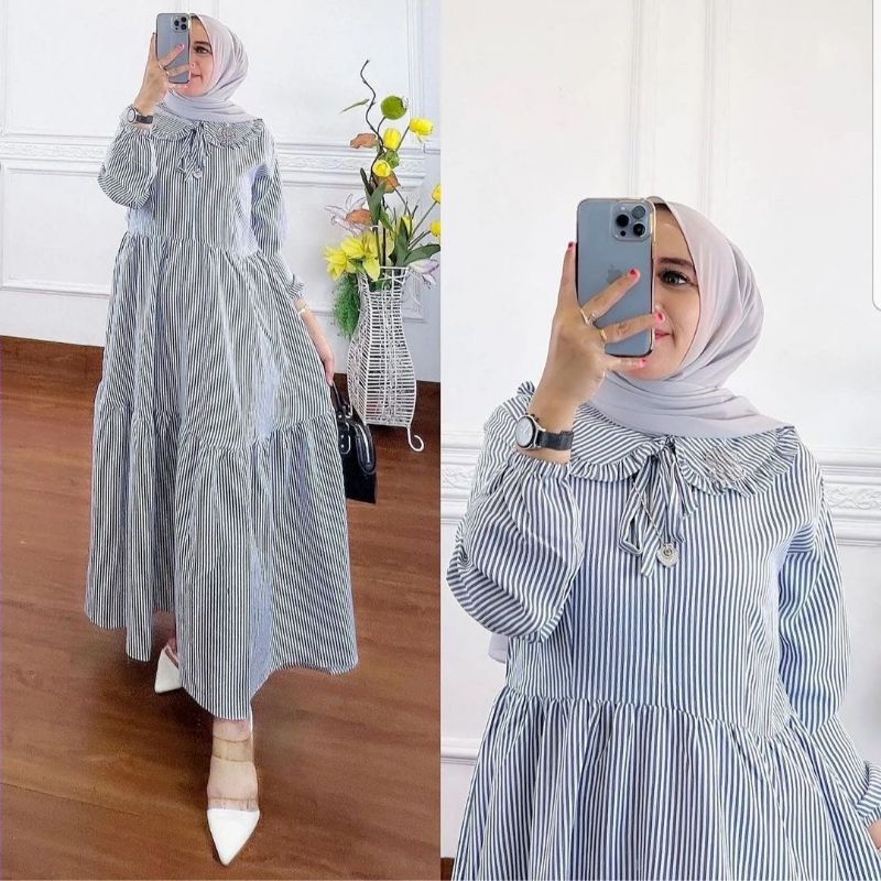 GAMIS DERSS MOTIF GARIS //SALUR MEWAH PAKAIAN WANITA LENGAN PANJANG DEWASA BAHAN KATUN YERAP KERINGA