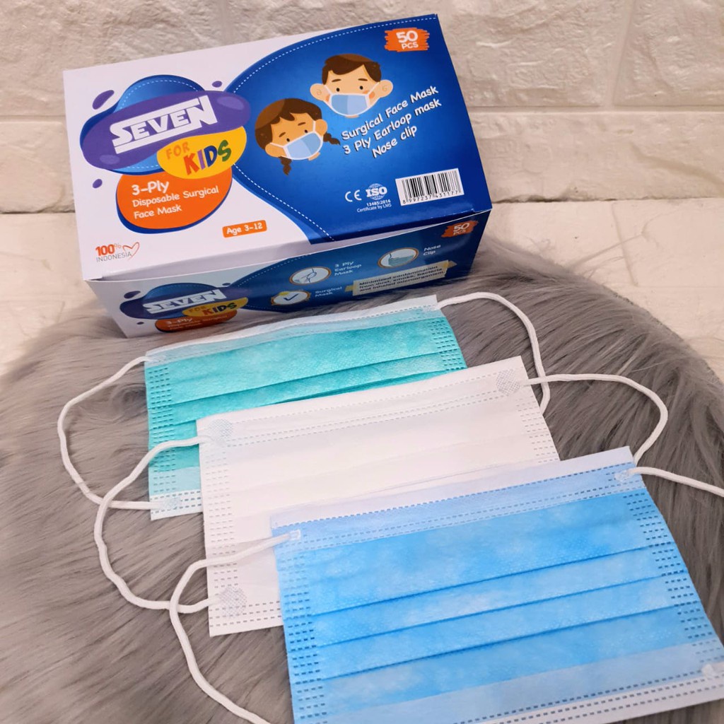 MASKER MEDIS 3PLY MERK SEVEN POLOS FOR KIDS ISI 50PCS.