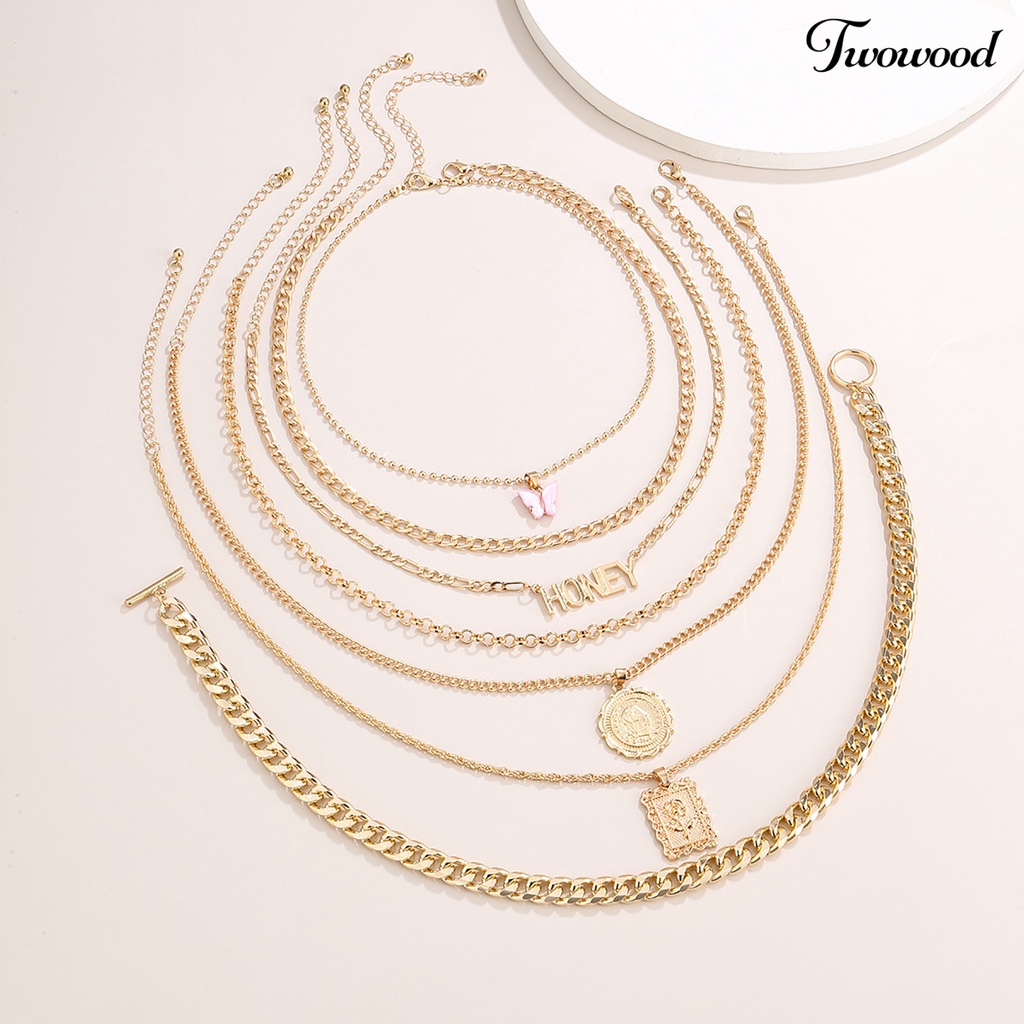 7 Pcs Kalung Multilayer Model Kupu-Kupu Gaya Retro Untuk Wanita