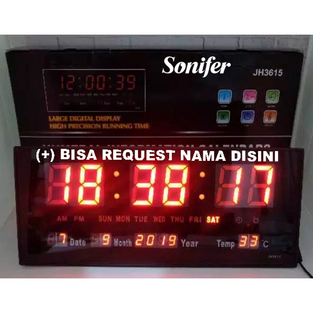 Jam Dinding Digital Sonifer 3615 LED Clock 36 x 15 cm LED Hijau/Biru FREE CUSTOM NAMA