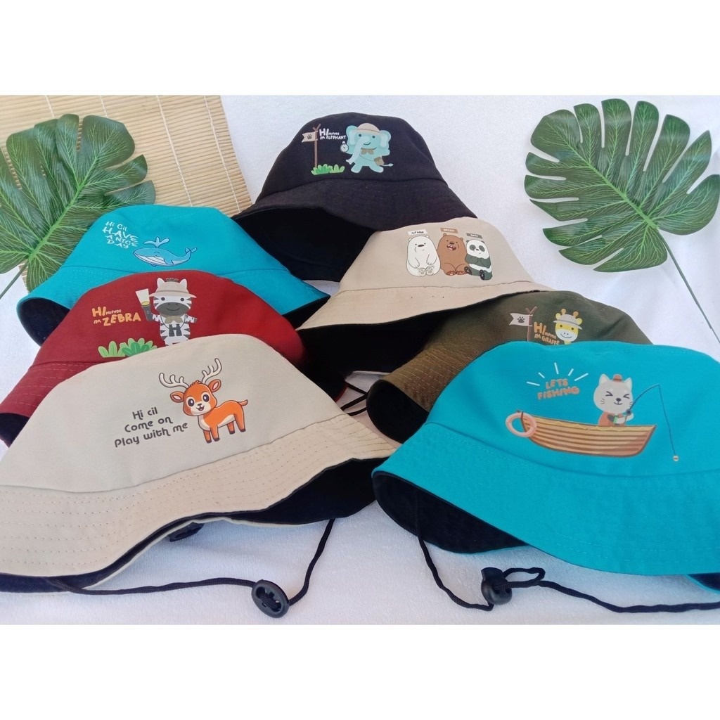 Bucket hat anak / bucket hat bertali / bucket hat Sablon motif animal