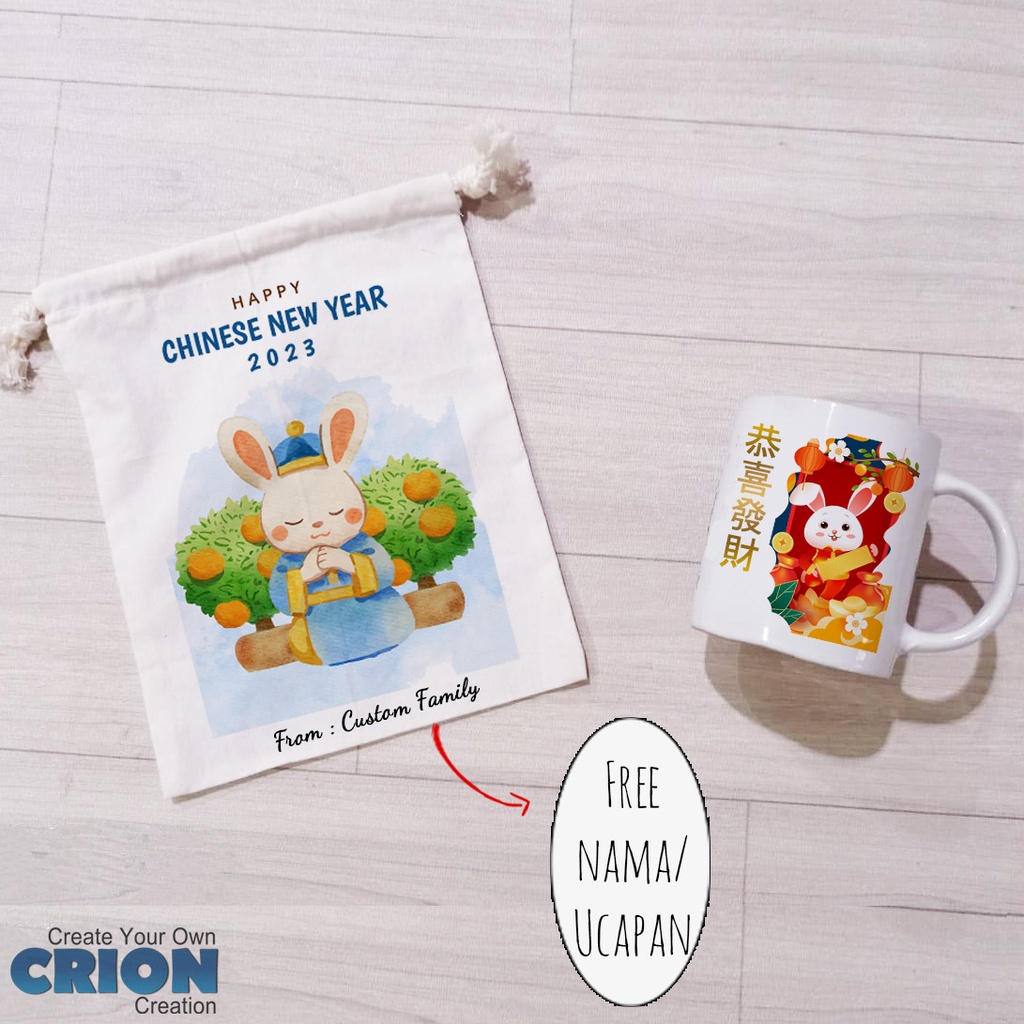 Mug Hampers Tahun Kelinci - Pouch serut Bisa Custom tulisan by crion