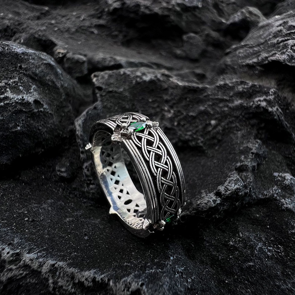 Vintage Perak Baja Titanium Batu Hijau Zirkon Pria Punk Fashion Perhiasan Aksesoris Pernikahan Pertunangan Rings Adjustable Size