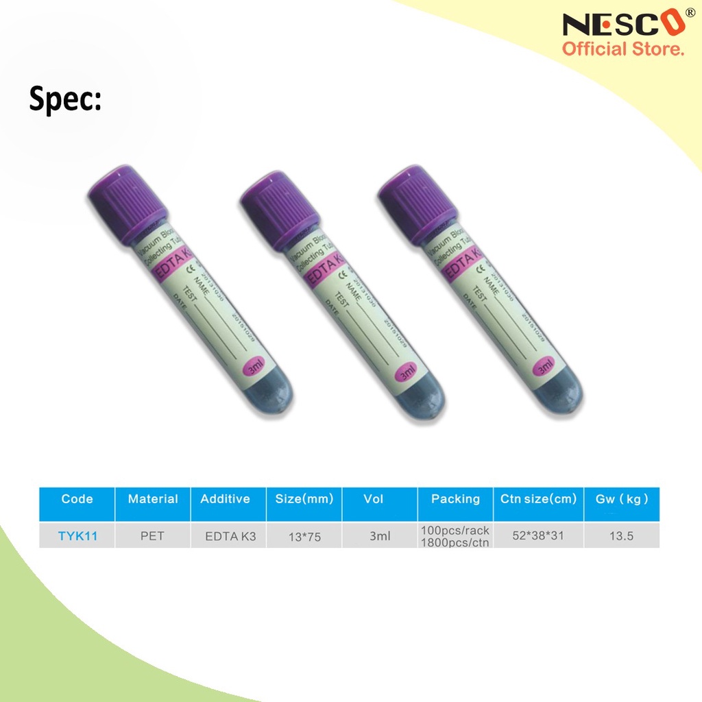 Vacuum blood collection tube, EDTA K3, 3ml, 13x75mm, PET Material, Purple Cup, TYK11, 100pcs/pack