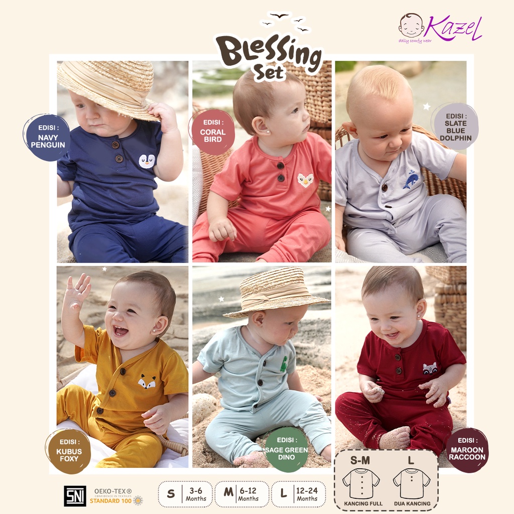 Kazel 100% Cotton 0-24 Bulan Blessing Set / Setelan Piyama Pendek Celana Panjang Bayi Unisex CBKS