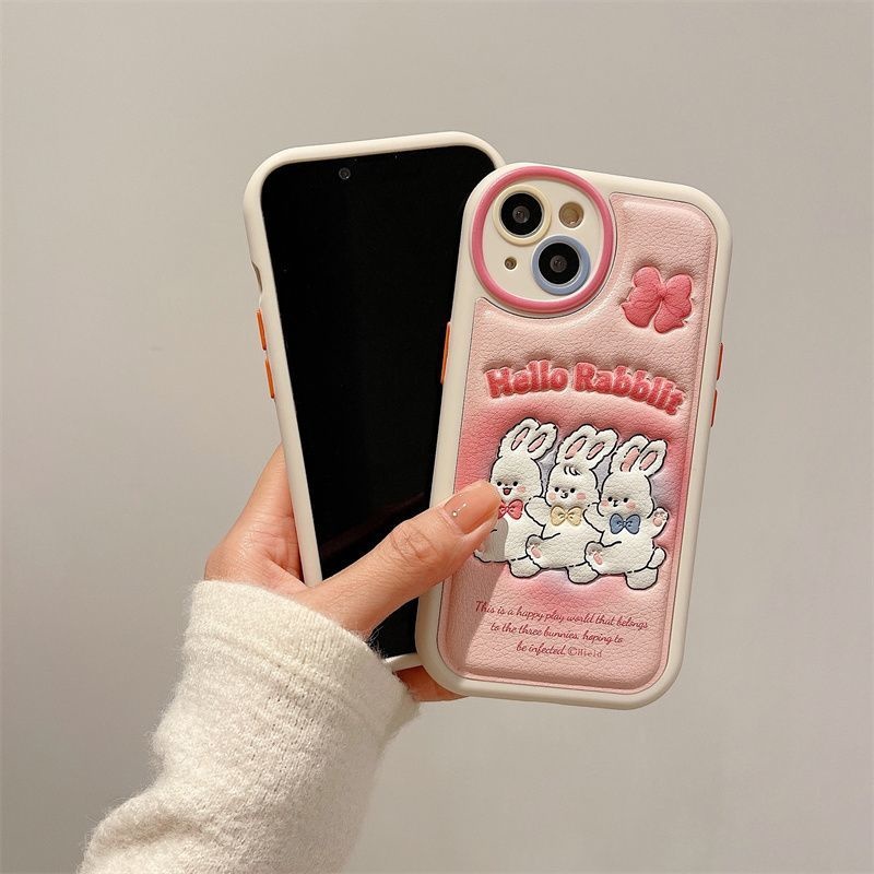 Case Desain Tiga Kelinci Pink Aksen Pita Untuk IPhone 12 13 14 11 Pro Max Xxsdcd