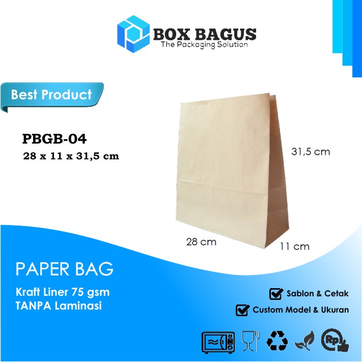 PAPER BAG GOODIE KANTONG KERTAS SOUVENIR GIFT SNACK KUE ROTI NASI BURGER 28x11x31,5 cm KRAFT 75 gsm