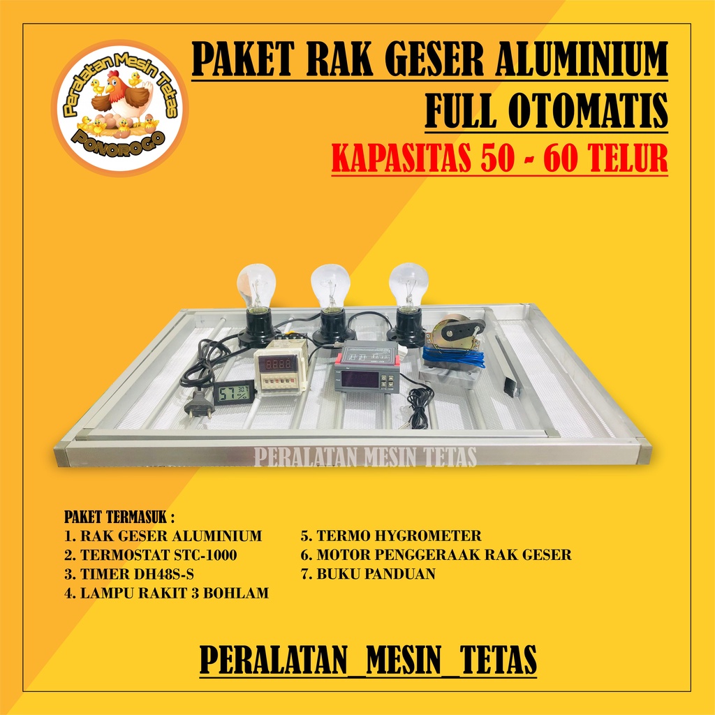 Paket Rak Geser Aluminium Full Otomatis Kapasitas 50 Butir Telur Termostat STC-1000 W3001 Termo-Hygrometer Termometer Gea