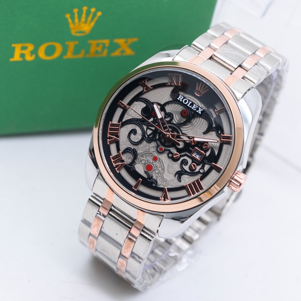 {COD✔️} PREMIUM  Jam Tangan Pria Elegan ROLEX MOTIF - Tanggal Aktif - Free Box Rolex & Sertifikat - 