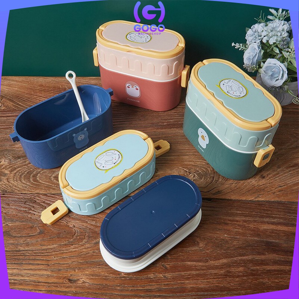 GOGO-C699 Tempat Makan 950ML Box Bento Set 2 Susun Free Sendok Anti Tumpah Dengan Pegangan / Kotak Bekal Tingkat Lunch Box Set Double Layer Portable