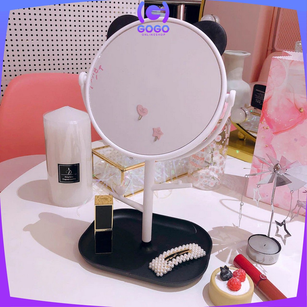 GOGO-K91 Cermin Motif Telinga Panda Serbaguna / Kaca Meja Rias Bulat Lucu / Standing Mirror Makeup Desktop Rotating Multifunction