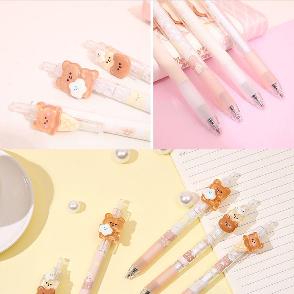 R-flower 4PCS/Set Press Pena Netral Kualitas Tinggi 0.5mm Sekolah Kantor Alat Tulis Kartun Beruang Soft Grip Gel Pen