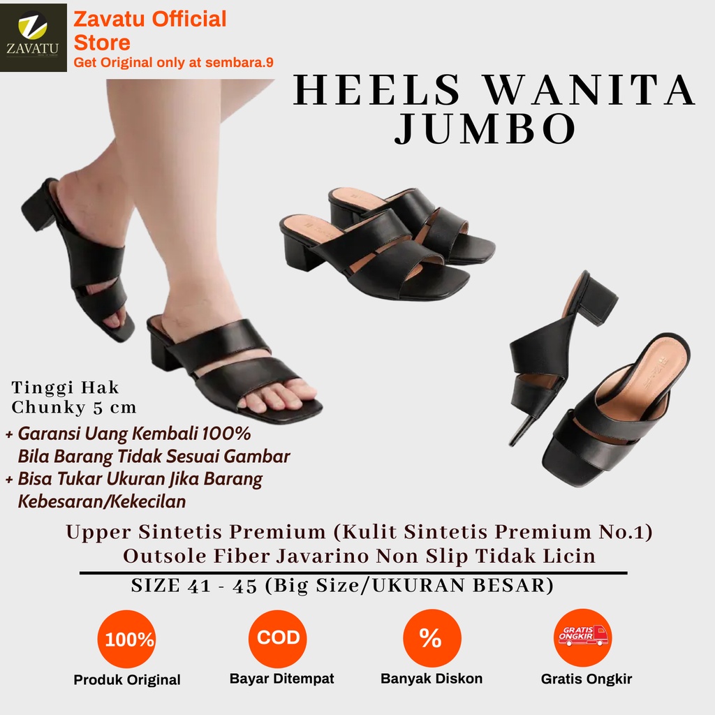 Zavatu Sandal Kulit Heels Big Size Jumbo Wanita Model Hak Tahu Chunky Tipe ZVT 336 Hitam Ukuran Size