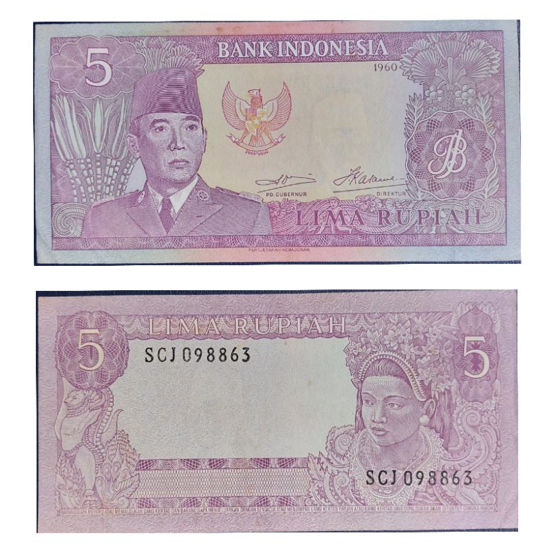 Uang Kuno Indonesia 5 Rupiah sukarno 1960 Kondisi Uang UNC GRESS MULUS Original 100%