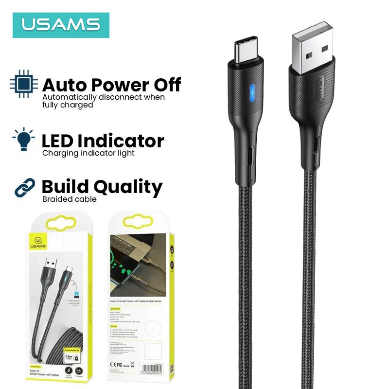 Usams Bob Smart Power Off Type-C USB Cable 120cm - Kabel Fast Quick Charging Max 2.4A Android Suppor
