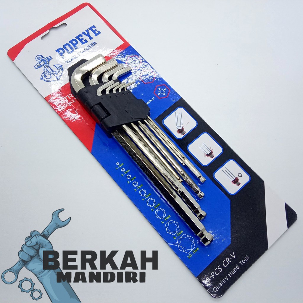 Kunci L Panjang Ujung Bulat Set 9 PCS Hex Key Wrench POPEYE