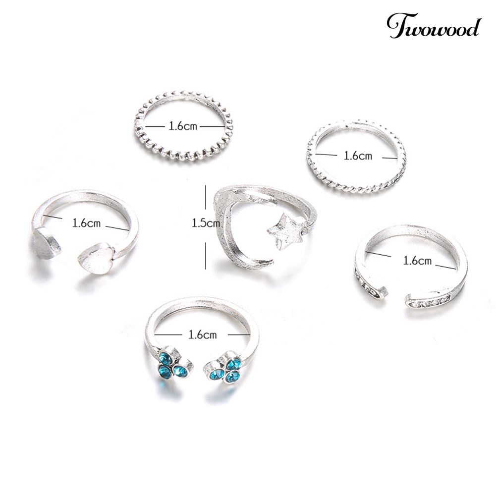 6pcs / Set Cincin Buku Jari Model Terbuka Desain Bulan Bintang Hati Untuk Wanita