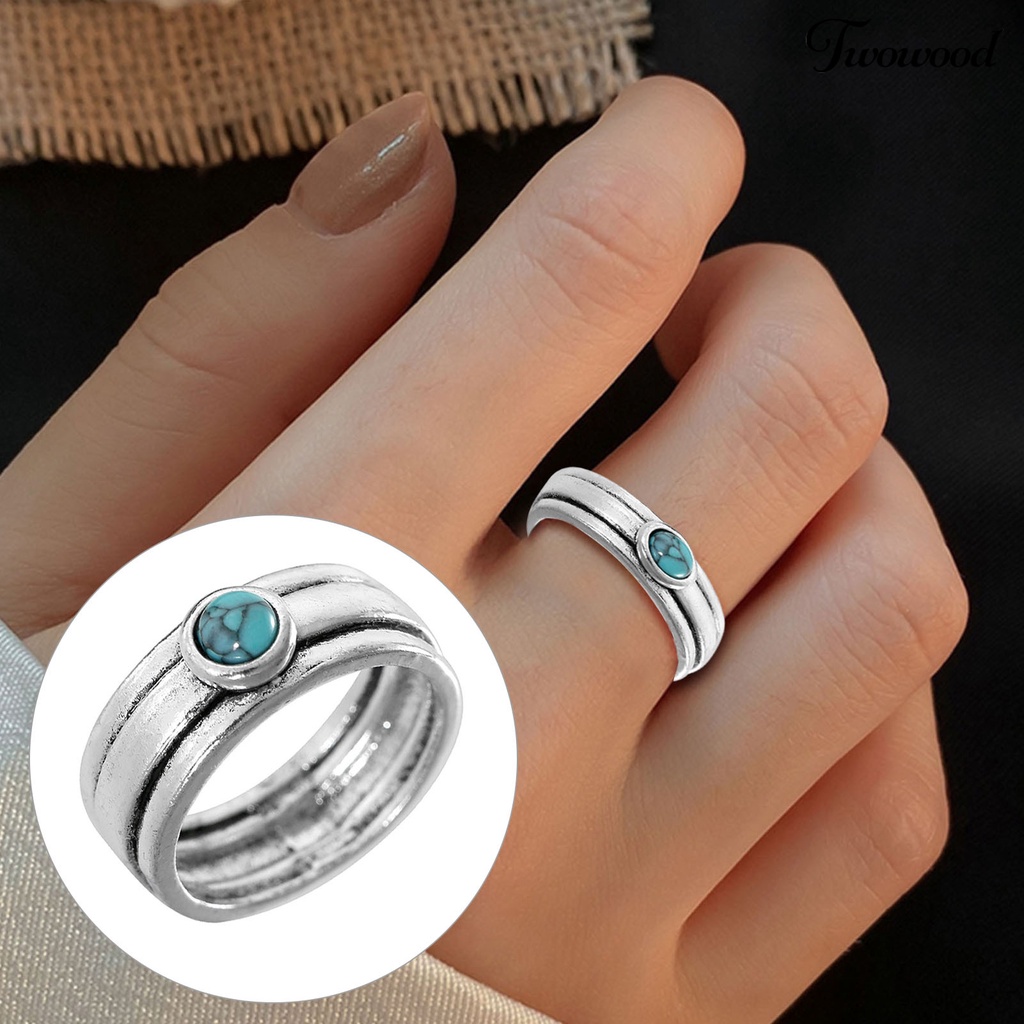 Cincin Turquoise Tiga Lapis Gaya Etnik Vintage Untuk Wanita