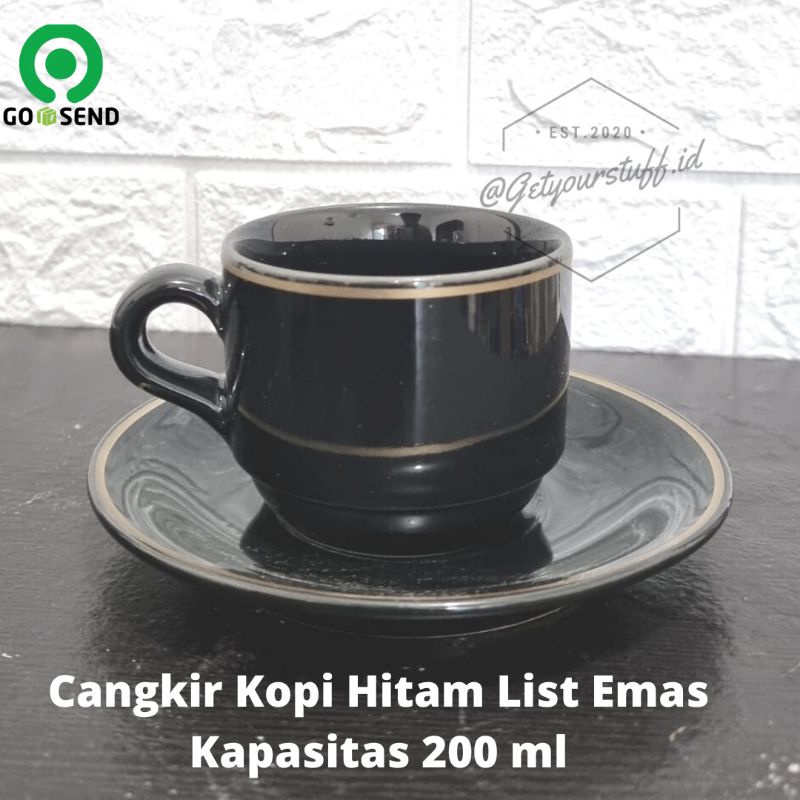 Cangkir Kopi Keramik Hitam List Emas Porselen 200 ml dan Tatakan