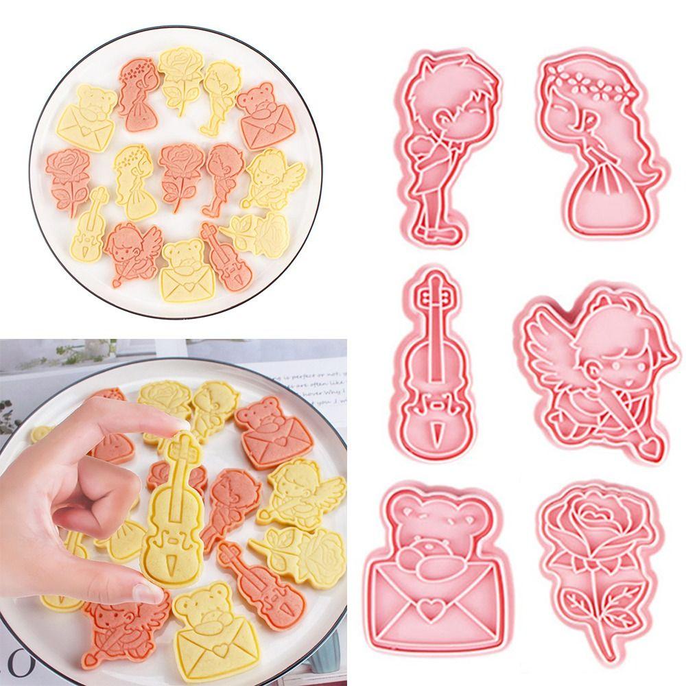 Preva 6pcs/set Hari Valentine Makanan Fondant Kue Alat Cetakan Kue Amplop Plastik Bunga Mawar Cookie Cutter