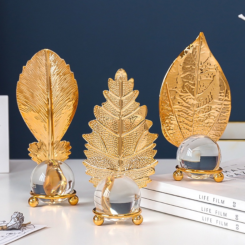 Bola Kristal Leaf Daun Nordic Mewah Aesthetic Pajangan Crystal Dekorasi meja Emas besi Hiasan