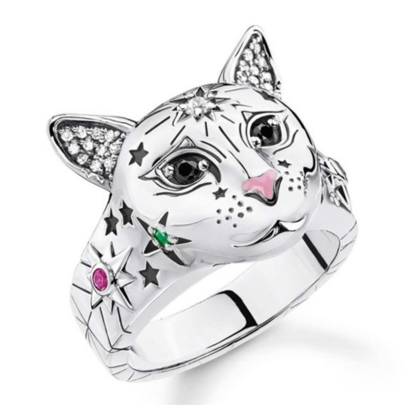 Perhiasan Cincin Wanita Bentuk Kepala Kucing Bahan S925 Silver Gaya Vintage Untuk Pernikahan