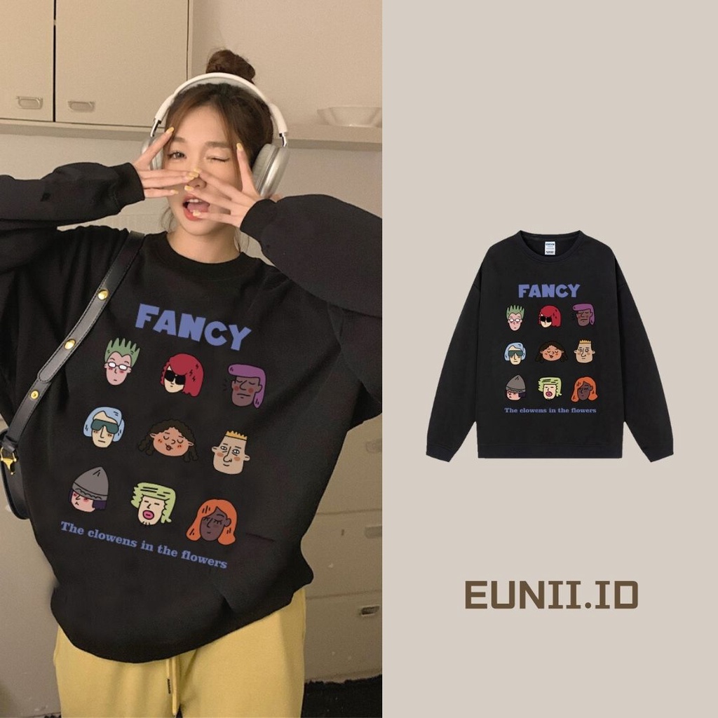 EUNII Sweater Lengan Panjang Retro Cartoon Hip Hop boy Korean Style/Hoodie Oversize/Baju Wanita/Switer Wanita