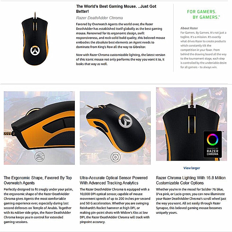 Razer Overwatch DeathAdder Chroma Mouse Gaming RGB Dengan Sensor Optik