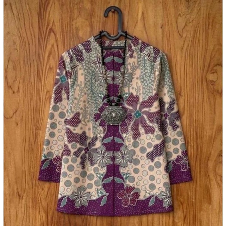 blouse batik wanita warna ungu untuk kerja kantor resleting depan